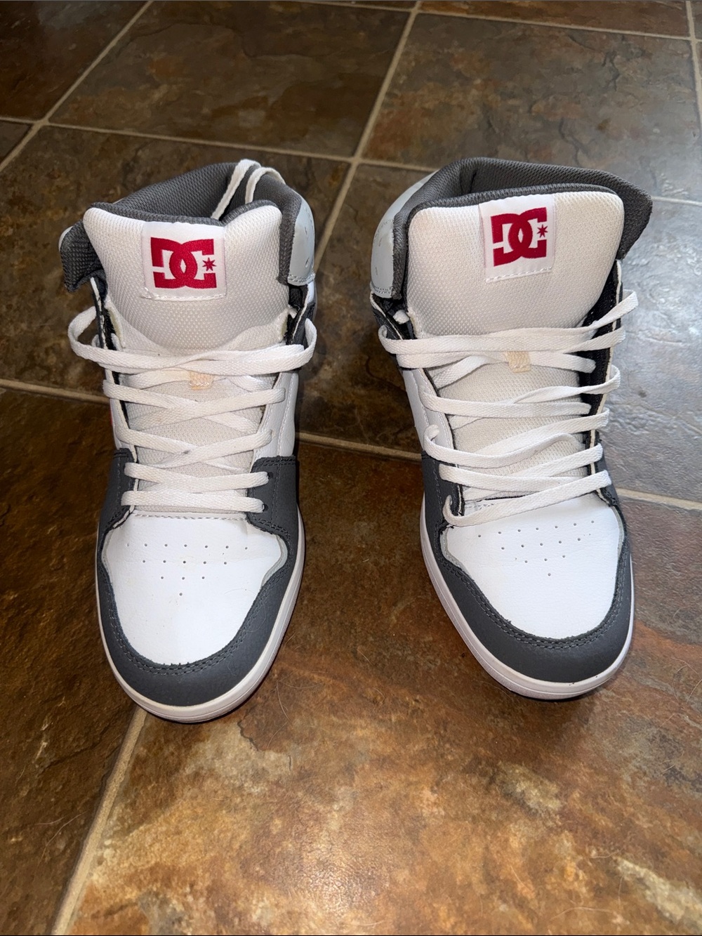 DC Men’s Cure High-Top Skateboard Shoes in White, Gray and Red Logo